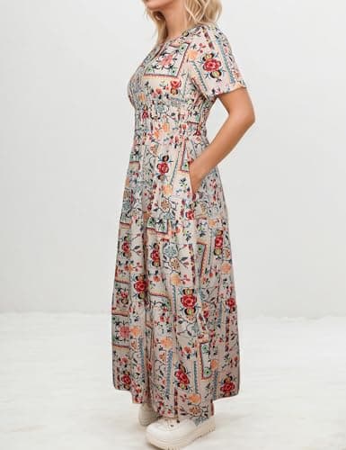 ACCPUR Women's Summer Boho Maxi Dresses Floral V Neck Tiered Short Sleeve Long Dress Flowy Beach Vacation Dress with Pockets view 3