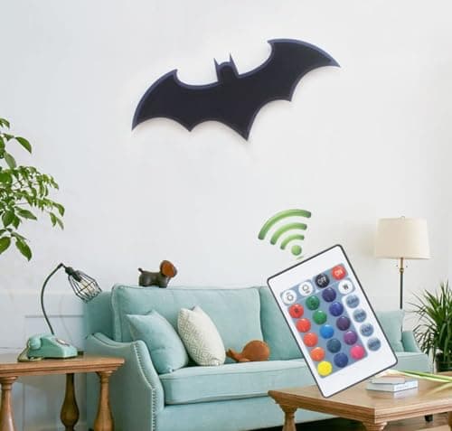 Bat Night Light Superhero LED Signal Cool Lamp with 16 Colors Remote Control Wall Sconce Acrylic Engraved Neon Sign Light Room Wall Decor for Bedroom Party Birthday Xmas Gifts (Black Bat) view 4