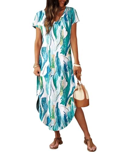 RUMIA Summer Casual Maxi Dresses for Women- Women's V Neck Cap Sleeve Long Sundress with Pockets Beach Vacation view 2