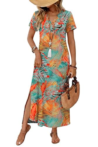 OFEEFAN Summer Dresses for Women 2026 Maxi Dress Short Sleeve Sundresses with Pockets Beach Vacation Spring Outfits view 2