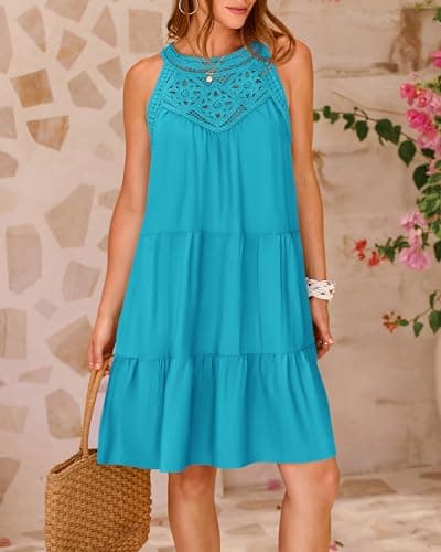 BTFBM Women Summer Dresses 2026 Casual Spring Clothes Sleeveless Halter Neck A-Line Boho Mini Dress Beach Vacation Sundress view 3