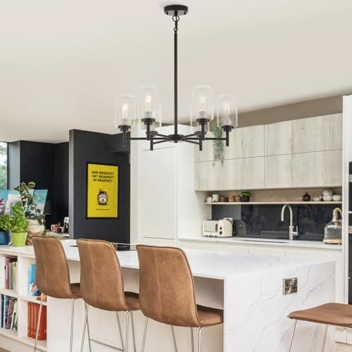 SGRUXELL Black Chandeliers for Dining Room,6 Lights Modern Farmhouse Chandelier with Clear Glass Shade,Industrial Hanging Light Fixture for Kitchen Island Bathroom Living Room Bedroom Foyer Entryway view 6