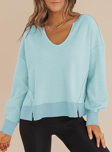Dokotoo Womens Spring Outfits V Neck Waffle Knit Tops Cropped Sweaters Long Sleeve Pullover Crop Top view 2