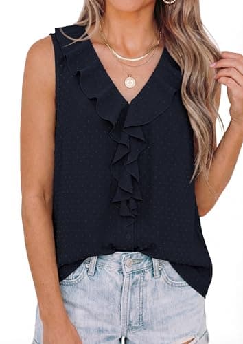 PRETTYGARDEN Tank Tops for Women 2026 Summer Fashion Sleeveless Ruffle Button Swiss Dot Dressy Casual Blouses Work Shirts view 5