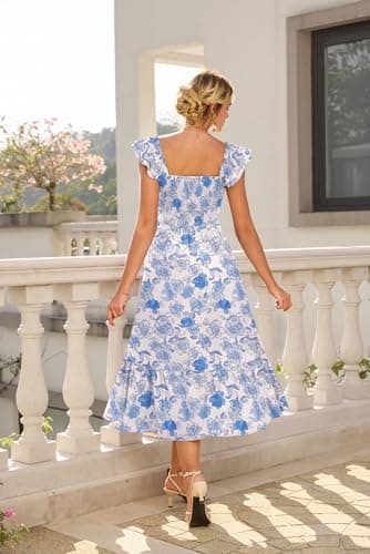 GRACE KARIN Women's Summer Floral Maxi Dress 2026 Ruffle Sleeve Smocked Sundress Flowy Wedding Guest Long Dresses with Pocket view 4