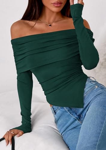 PRETTYGARDEN Women's Off The Shoulder Tops Spring Fashion 2026 Long Sleeve Shirts Going Out Slim Fitted Blouses Fall Clothes view 6