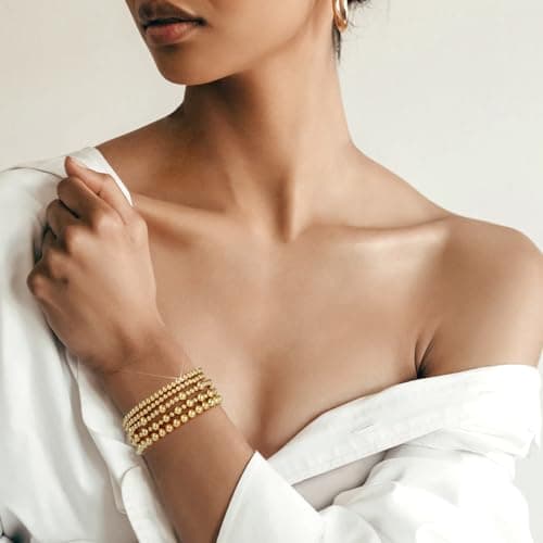 Gold Bracelets for Women Waterproof, 14K Gold Plated Beaded Strand Bead Ball Bracelets stack Adjustable Jewelry Set for Gifts view 6
