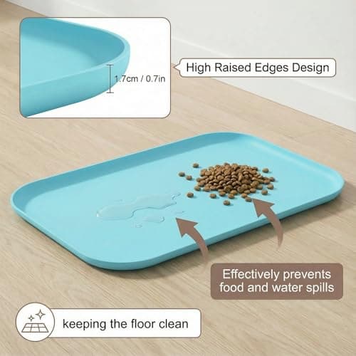 Waterproof Silicone Pet Feeding Mat Blue with Raised Edge,24" x 16"Non-Skid Spill Proof Dog Bowl Mats, Easy Clean Cat Bowls Placemat for Cats and Dogs view 3