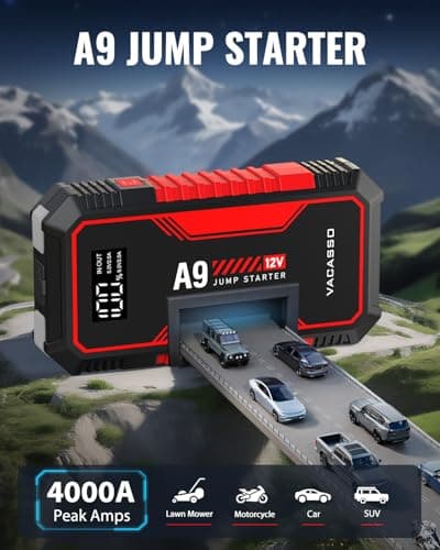 Jump Starter 4000A, VACASSO A9 Battery Jumper Starter Portable (7L Gas/4L Diesel), 12V Car Battery Booster Jump Starters Pack, Jumpstart with USB Ports, Jumper Cables, LED Light, Storage Case view 6