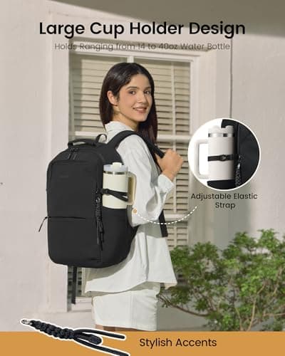 LOVEVOOK Laptop Backpack for Women Men with Giant Tumbler Holder - 15.6Inch Work Computer Travel Backpack with Laptop Compartment, Water Resistant, Cute Commuter College Teacher Nurse Purse Bag,Black view 3