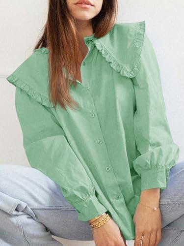 Tankaneo Womens Button Down Shirts Cotton Puff Sleeve Babydoll Blouse Fall Casual Doll Collar Tops view 5