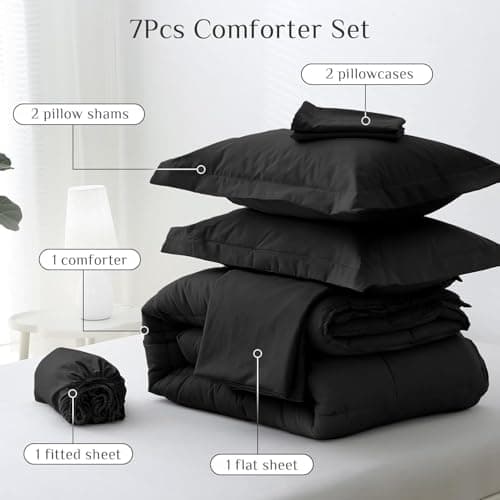 JOLLYVOGUE California King Comforter Set, Ultra-Soft Bed in a Bag Cal King Size 7 Pieces, Oeko-TEX Certified Bedding Set with Down Alternative Comforter, Sheets, Pillowcases & Shams, Black view 6