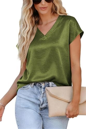 RUMIA Short Sleeve Satin Blouses Tops for Women- Ladies V Neck Blouse Shirt Dressy Casual Bussiness Work Outfit view 3