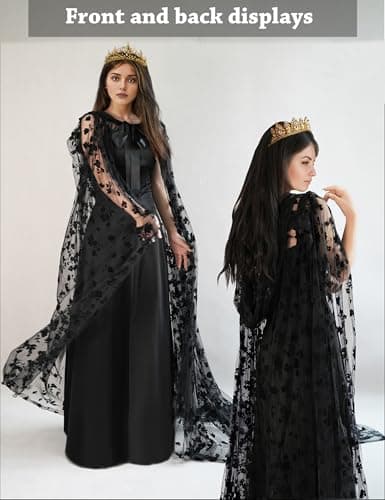 Black Lace Floral Tulle Cape with Hood, Long Halloween Witch Costume Cloak view 4