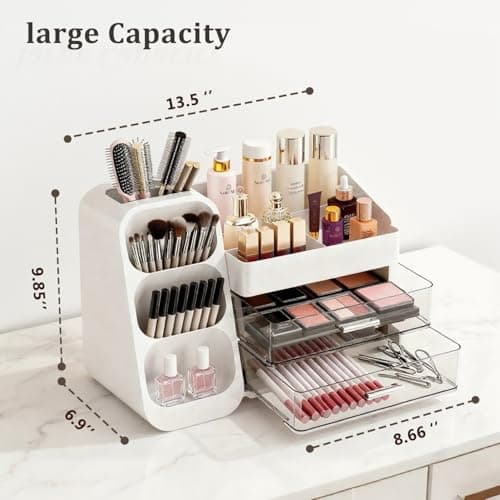 ShinyDew Makeup Organizer with Brush Holder for Vanity, Spacious Cosmetic Display Case with 2 Drawers, The Perfect Bathroom Vanity Organizer for Beauty Essentials, Skincare, Lipsticks view 3