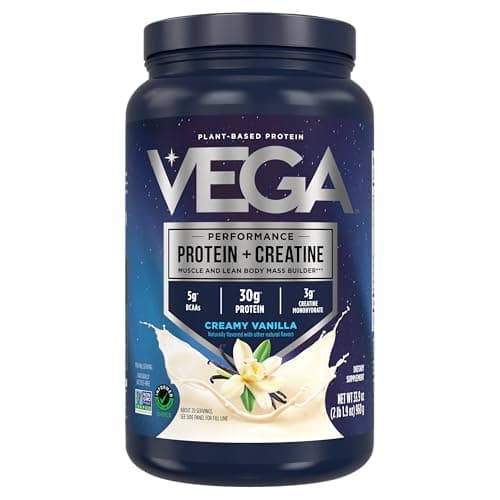 Vega Protein + Creatine - 30g Plant-Based Protein, Vanilla, 20 Servings, 3g Creatine, 5g BCAAs, Vegan, Keto, Gluten Free, Dairy Free, Low Carb, for Muscle Growth & Repair, Drink Mix, 33.9oz