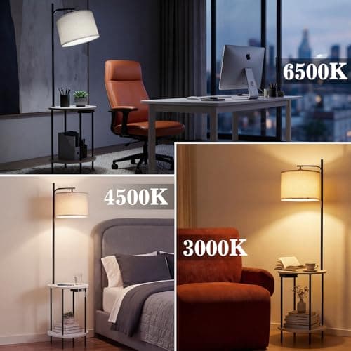 ONEWISH Modern Floor Lamp with Table, Charging Station (USB/Type-C/AC Port), 3 Temperatures, 9W Blub, Round End Table for Bedroom & Living Room (White) view 5