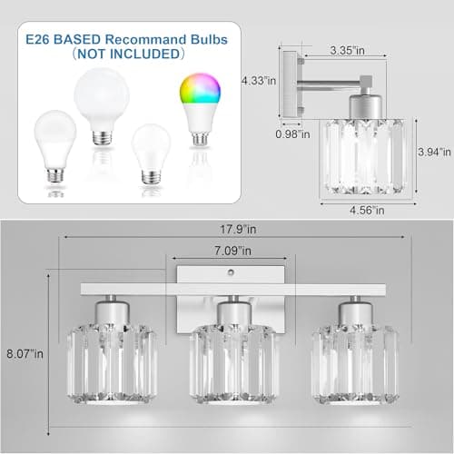 3-Light Bathroom Light Fixtures Over Mirror, Brushed Nickel Crystal Wall Sconce with E26 Base for Mirror Kitchen Living Room Bathroom, Round Crystal Shades (Bulbs Excluded) view 2