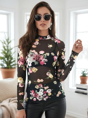 Floral Mesh Long Sleeve Tops Women Sexy Lace Sheer Top Mockneck Going Out Shirt See Through Valentine's Day Outfit Top view 2