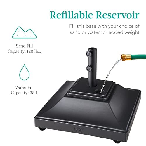Best Choice Products Fillable Mobile Umbrella Base, Heavy Duty Base, Square Tiered Market Stand for Patio, Deck, Outdoor w/ 4 Wheels, 2 Locks, 2 Knobs, 120lb Capacity - Black view 5