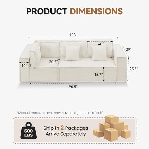 108'' Comfy Chenille Boneless Couch, Oversized Modular Sectional 3 Seater Sofa, Modern Deep Seat Corner Cloud Compressed Couch, No Assembly Sleeper Sofa with Chaise for Living Room, Beige view 2