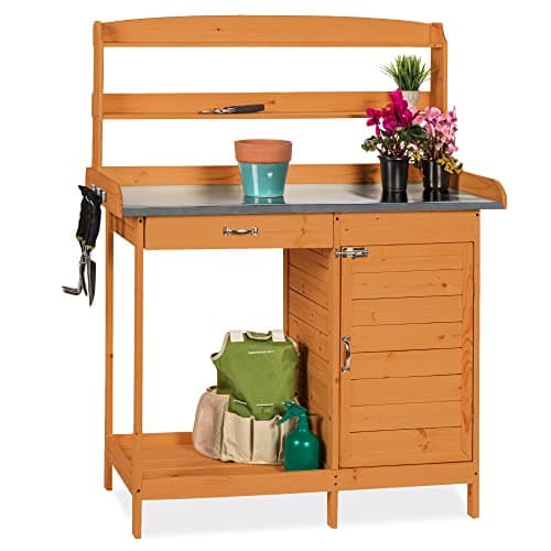 Best Choice Products Outdoor Garden Wooden Potting Bench Work Station w/Metal Table Top, Pre-Stained Finish, Cabinet, Sliding Drawer, Large Bottom Shelf - Brown view 1