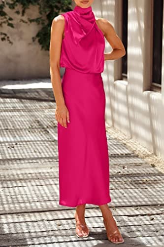 PRETTYGARDEN Women's 2026 Summer Satin Dress Elegant Sleeveless Mock Neck Cocktail Party Maxi Dresses view 6