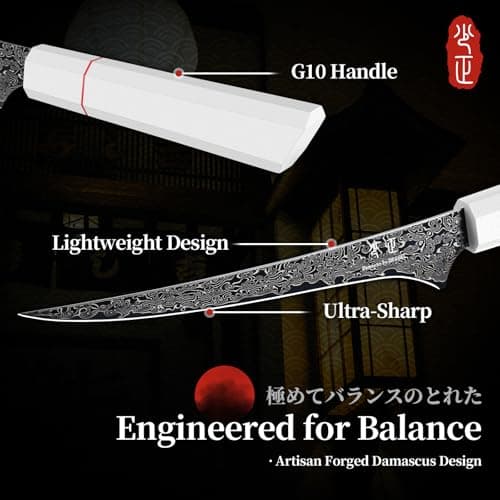 DRGSKL Damascus Fillet Knife 7 Inch - VG10 Razor Sharp Slicing Knife for Fish and Meat Trimming - Japanese G10 Handle - with Gift Box view 4