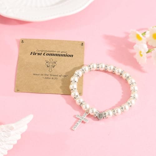 BAYLAY First Communion Gifts for Girls, Cross Bracelet for Teen Girl First Communion Bracelet for Girls Pearl Letter Initial Charm Bracelet First Holy Communion Gifts for Girl Catholic view 5