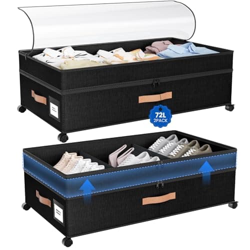 Mqaue Under Bed Storage with Wheels, 72L XXL Under the Bed Storage Containers Large, 10‘’ Tall Adjustable Storage for Underbed with Lids, Rolling for Shoes, Clothes, Blankets, Black — image 1