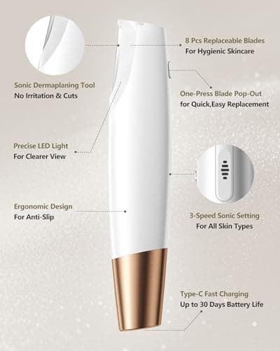 Sonic Dermaplane Razor for Women Face: Dermaplaning Tool with 8 Blades | Gentle Electric Peach Fuzz & Facial Hair Removal, Easy Glide, 3 Speeds, LED Light, Rechargeable for Home&Travel (Soft White) view 5