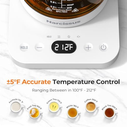 Narcissus Electric Kettle Temperature Control ±5℉, 1.8L Glass Electric Tea Kettle with Removable Infuser for Flowers & Fruit Tea, 1200W Fast Boiling, 6 Hours Keep Warming, White view 3