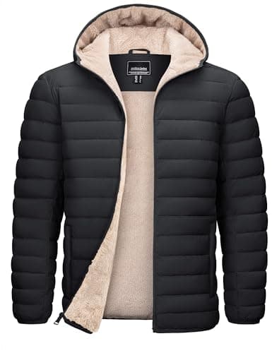 TACVASEN Puffer Jacket Men Warm Winter Jackets Sherpa Lined Water Resistant Thick Insulated Down Coats with Hood Black M