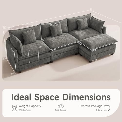 Modular Sectional Sofa for Living Room, 102" Oversized Cloud Couch with Movable Ottoman, 4 Seat Modern Comfy Sofa Chenille Deep Seat Couches with L Shape, for Office Bedroom Living Room view 2