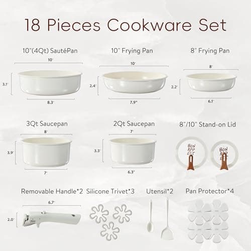 CAROTE 18Pcs Ceramic Cookware Set with Detachable Handle, Pots and Pans Set Non Stick, Non Toxic Kitchen Cooking Sets with Stand-Up Lid, PFAS and PFOA Free, Oven Safe, Induction Ready, Cream White view 3