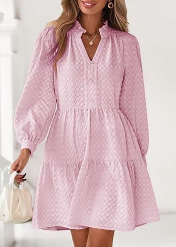 Lazysmile Dresses for Women Long Sleeve V Neck Button Down Ruffled Flowy Fall Casual Babydoll Tunic Dress view 3