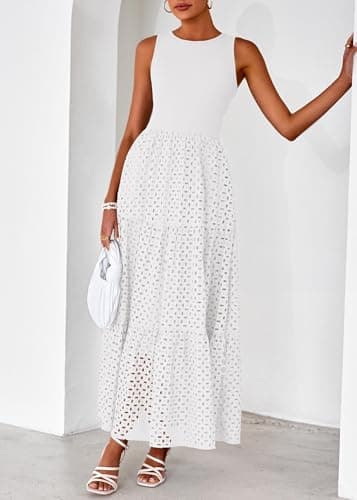 Lazysmile Womens Summer Dresses Crewneck Sleeveless A-Line Hollow Out Eyelet Tiered Tank Maxi Dress Sundress with Pockets view 6