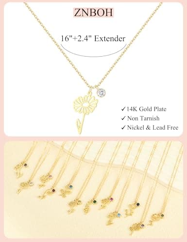 ZNBOH Birthstone Flower Necklace for Women 14k Gold Plated Dainty Necklace Trendy Pendant Necklace Simple Cute Choker Necklace Non Tarnish Emerald Blue Green Birthday Gifts for Women Jewelry view 4