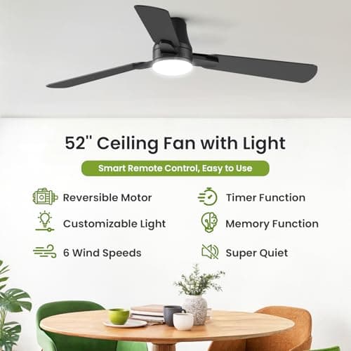OSTIVE Ceiling Fans with Lights and Remote: 52 Inch Modern Ceiling Fan, Low Profile Flush Mount, Quiet Reversible DC Motor & 3CCT Dimmable LED for Bedroom Living Room Kitchen Indoor Home (Black) view 2