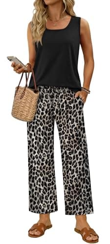 WIHOLL Two Piece Sets for Women Summer Spring Outfits Tank Square Neck Sleeveless Travel Vacation Lounge Wide Leg Pants Set view 2