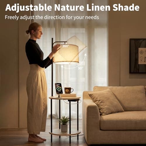 ONEWISH Floor Lamp with Round Table, Side Table for Living Room, Coffee Table with Charging Station (USB/Type-C/AC Port), 3 Color Temperatures, LED Bulb Included, Modern Night Stand for Bedroom, White view 6