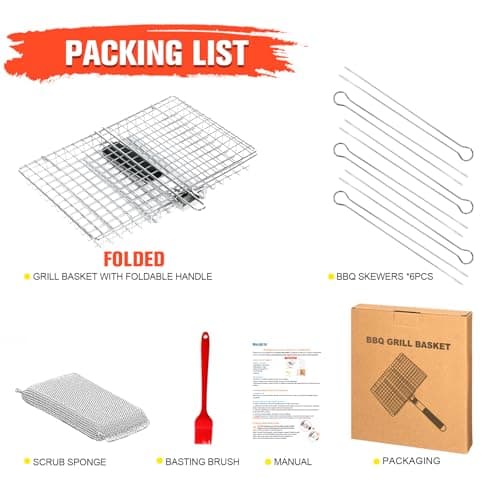 Grill Basket for Outdoor Grill, Stainless Steel Grilling Basket with Foldable Handle, Portable BBQ Cooking Rack for Fish, Vegetables, Shrimp, Chicken - Includes BBQ Skewers 6pcs,Basting Brush,Scrub Sponge-Upgrade view 4