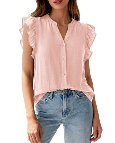 Zenlonr Womens Short Ruffle Sleeve Shirts V Neck Button Down Shirt Solid Color Going Out Spring Tops view 1