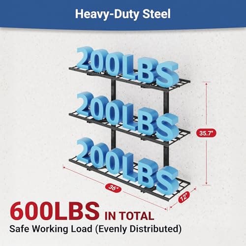 FLEXIMOUNTS 3-Tier 1x3ft Garage Storage Wall Shelving, 12x36inch per Shelf Height Adjustable Floating Shelves, Heavy Duty Wall Mounted Shelve, 600lbs Weight Capacity, Black, Classic Series view 3