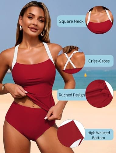ZAFUL Women's Tankini Swimsuits Tummy Control Swimwear Two Piece Bathing Suits Swim Top with High Waisted Bottom view 5