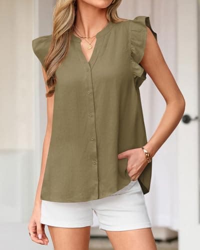 Zenlonr Womens Short Ruffle Sleeve Shirts V Neck Button Down Shirt Solid Color Going Out Spring Tops view 2