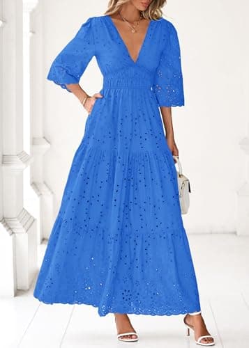Lazysmile Long Sleeve Dresses for Women V Neck Hollow Out Eyelet Ruffle Swing A-Line Fall Vacation Boho Maxi Dress view 6