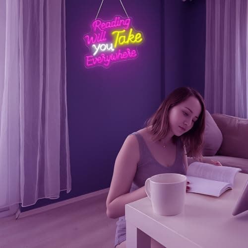 KATMBFUE Reading Will Take You Everywhere Neon Signs, Neon Sign with Switch for Wall Decor, USB Dimmable Neon Lights Colorful LED Signs for Home Club Party Christmas Decoration 14.17 x 12.2" view 3
