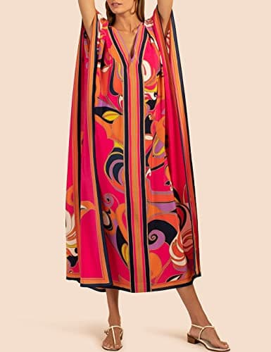 Eddoyee Kaftan Dresses for Women Batwing Sleeve Caftans Plus Size V Neck Beach Cover Up view 3