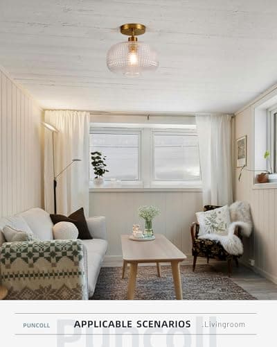 puncoll Gold Semi Flush Mount Ceiling Light Fixture - Hallway Light Fixtures Ceiling Mount - Glass Close to Ceiling Lighting for Bathroom Entryway Bedroom, C2503-BG view 3